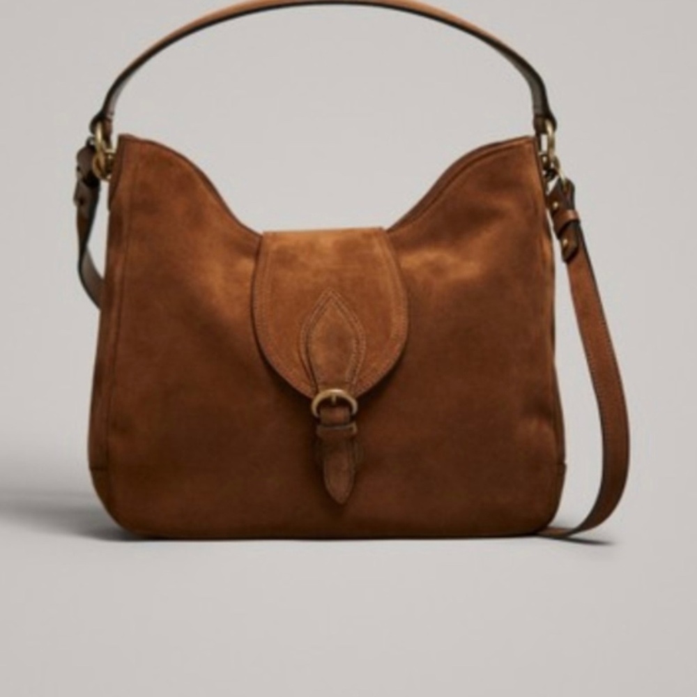 Massimo Dutti Split Suede Crossbody Shoulder Bag Brown Tan Caramel